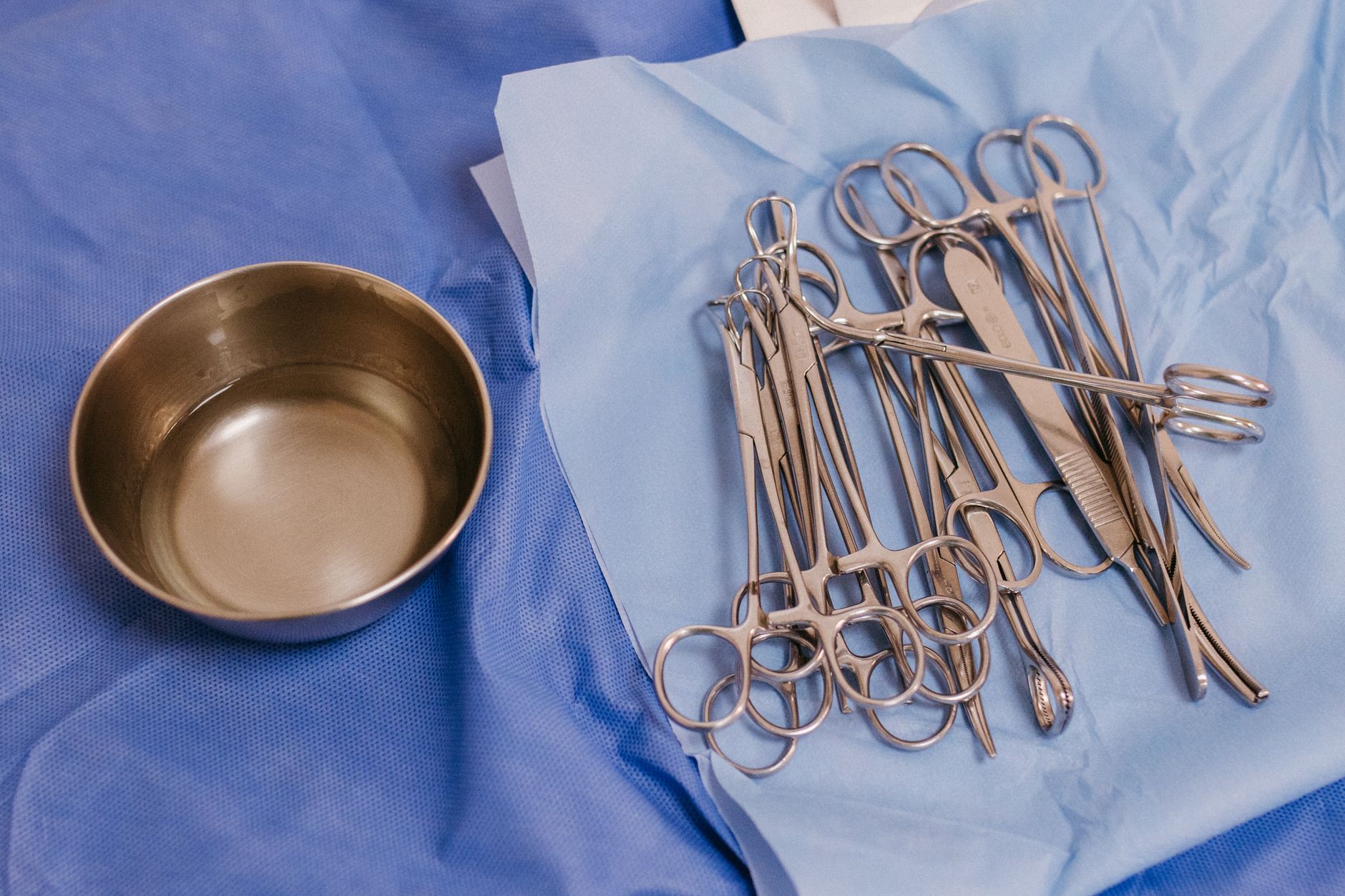 Sterile instruments laid out on a surgical drape